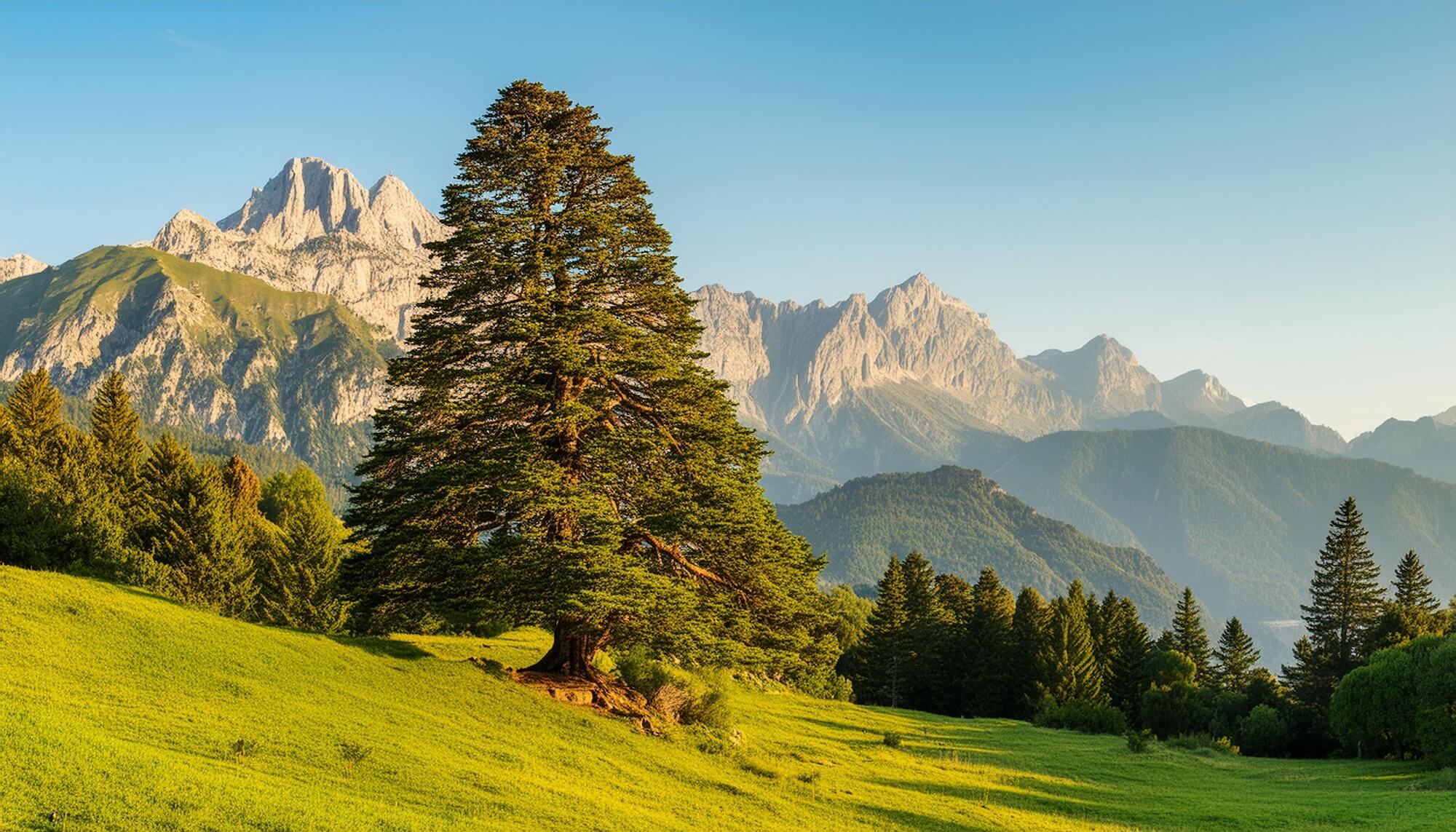 Eine alte große Zirbe steht als Solitär auf einer Hochebene in den Alpen. Im Hintergrund eine Bergkette