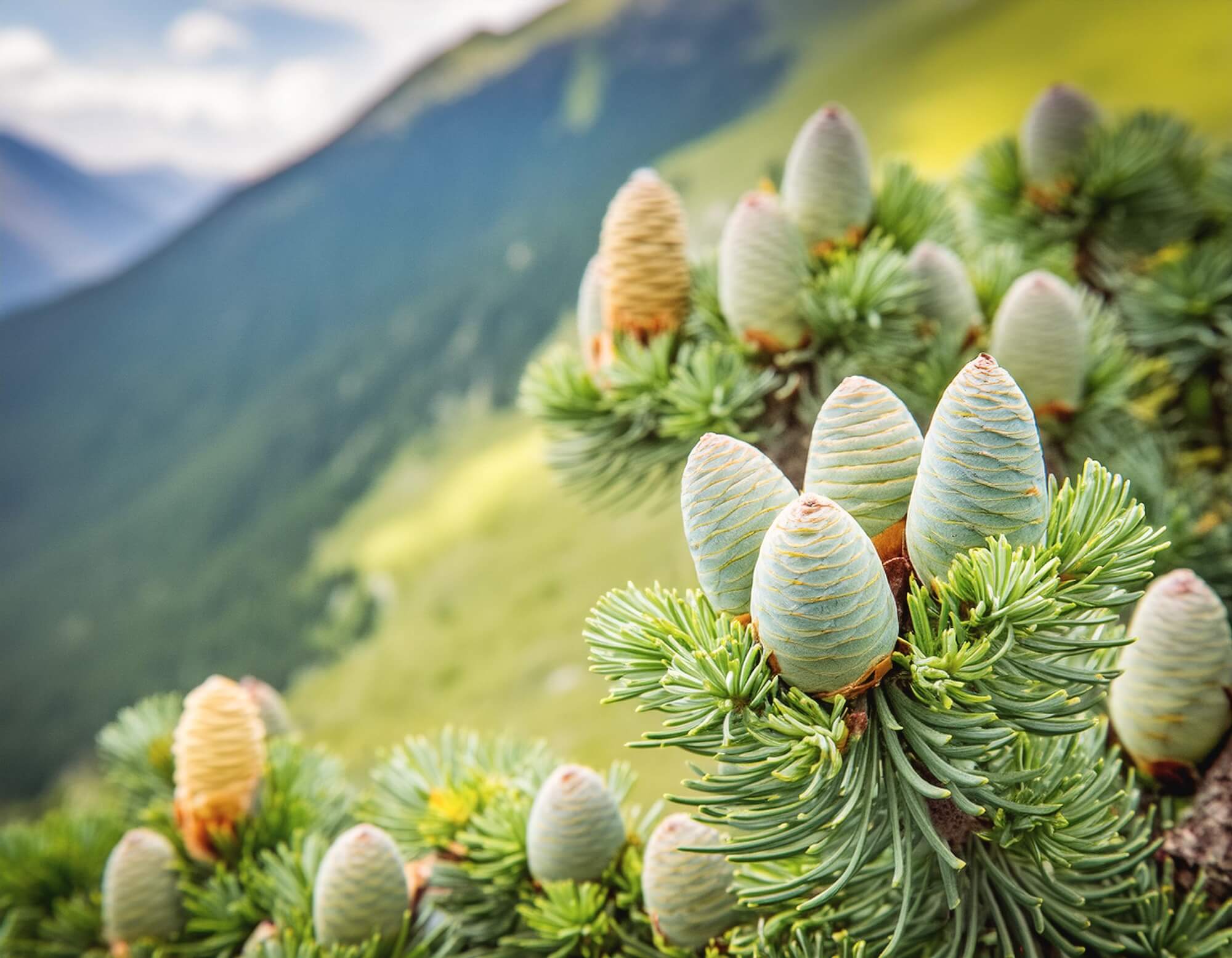 Zweig einer Atlaszeder mit Zapfen vor einer Bergkulisse