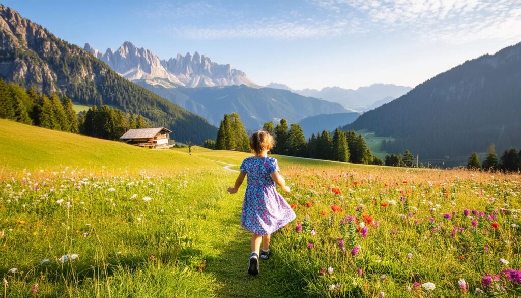 Ein Mädchen im Kleid rennt über eine Almwiese mit vielen Wildblumen. Im Hintergrund die Alpen. Düfte können Erinnerungen wie die an Wanderungen in der Kindheit reaktivieren.