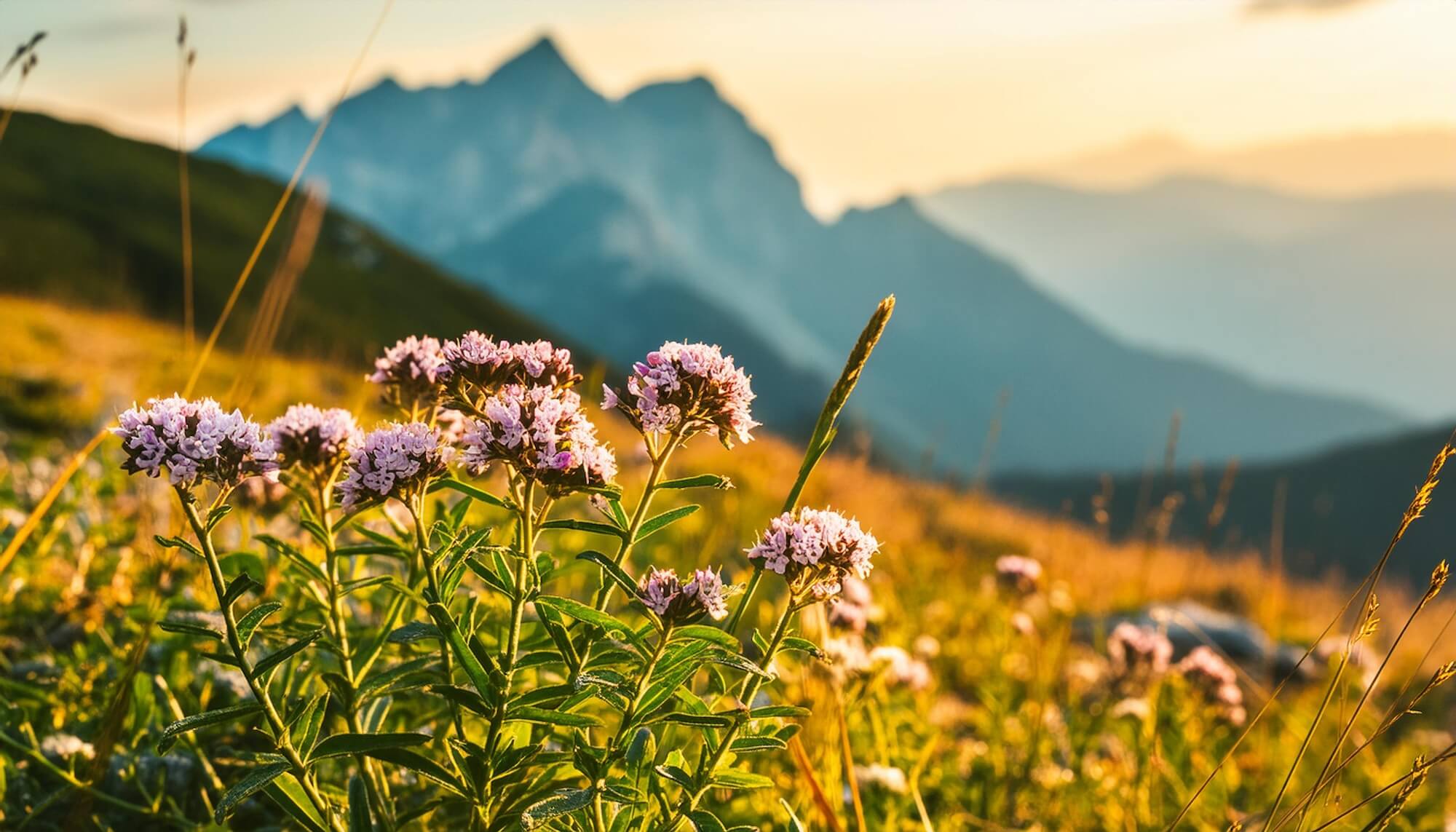 Blühendes Bergbohnenkraut bei Sonnenuntergang in den Alpen