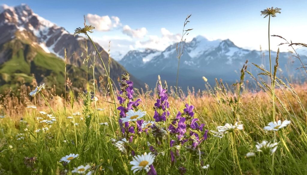 Eine blühende Almwiese vor den schneebedeckten Gipfeln der Alpen