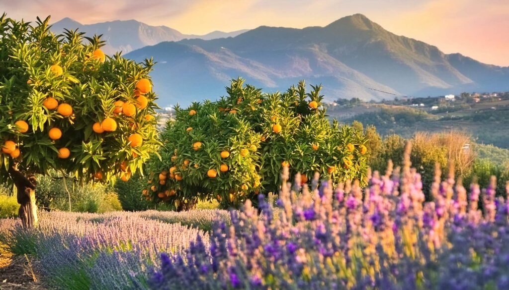 Vor einem Zitrushain wachsender Lavendel bei Sonnenuntergang