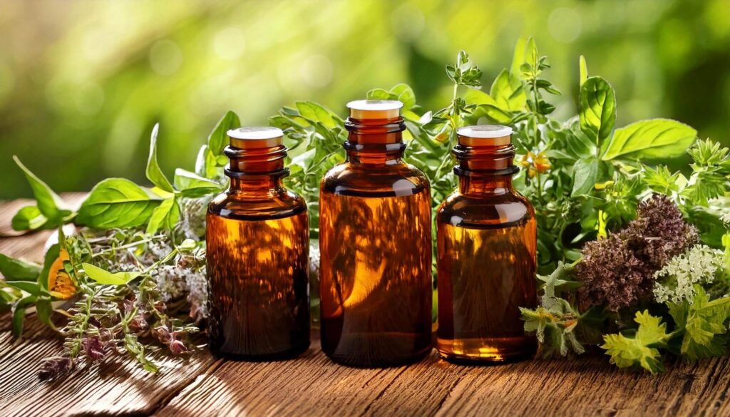 Flaschen mit naturreinen ätherischen Duftöl für Seife neben einigen Bündeln frischer Kräuter